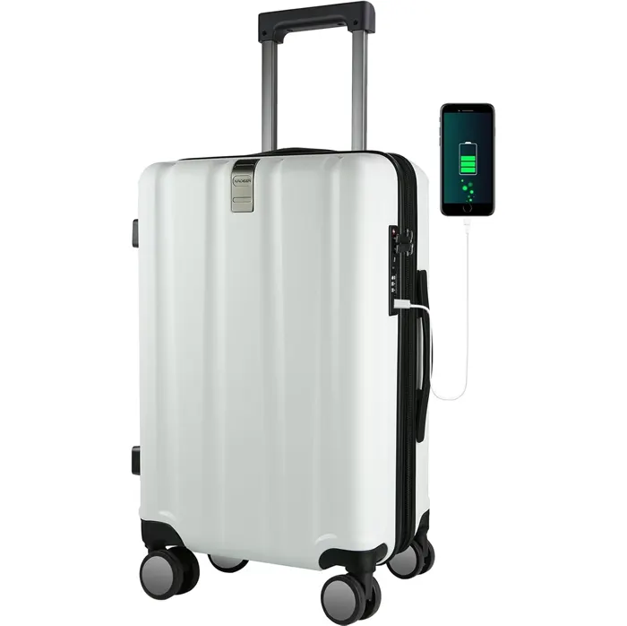 KROSER 20-Inch Carry-On Luggage – Hardside Spinner Suitcase with TSA Lock, USB Port & Expandable Travel Bag, White