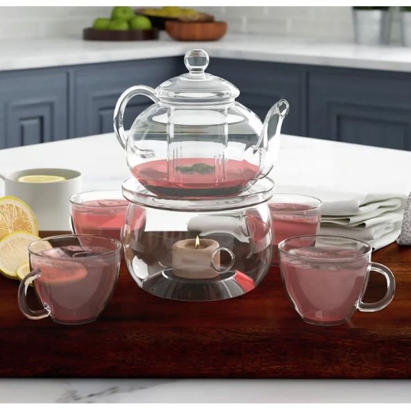 6-Piece Glass Tea Pot Set with 4 Cups Teapot Warmer and Infuser - Image 2