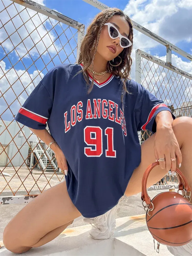 Color: Gold, Size: XXL - Los Angeles Number 91 TShirt For Men Women Summer Oversized V-neck Tee Harajuku Trend Short Sleeve Female Streetwear Tops Unisex
