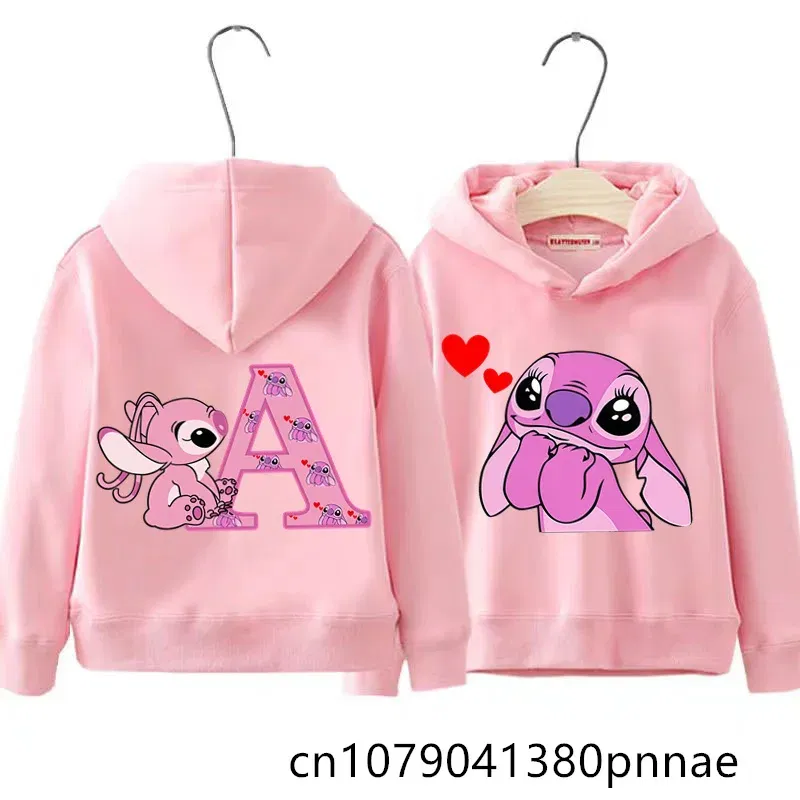 Color: Khaki, Kid Size: 13 - Girls Boys Lilo and Stitch Sportswear Hoodies Casual Fashion Sweatshirts Angel Letter AZ Anime Autumn/Winter Hoodie Kids Hoodies - Image 2