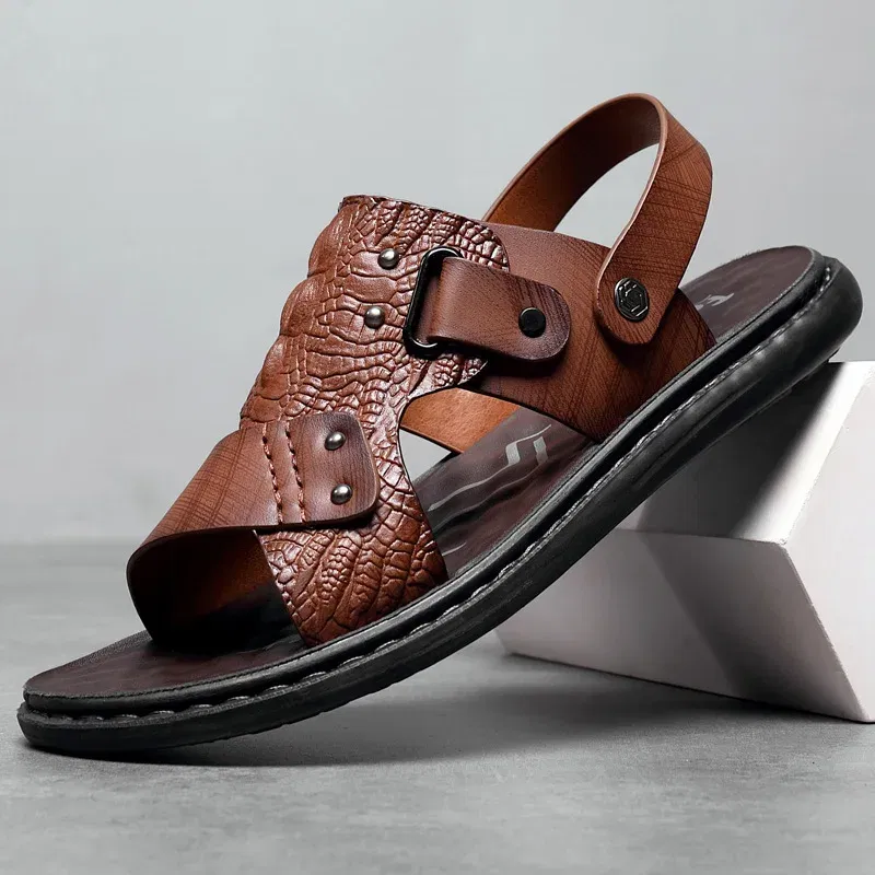 Color: Dark Khaki, Shoe Size: 41 - Men Office Open Toe Shoes Sandals Non-slip Slippers Male Footwear Mens Summer Outdoor Shoes - Image 5